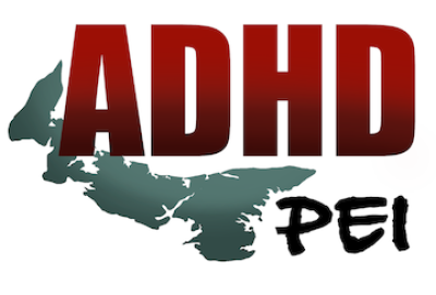 ADHD in big red capitalized letters, followed by PEI in black marker style. To the left of the logo is an image of PEI.